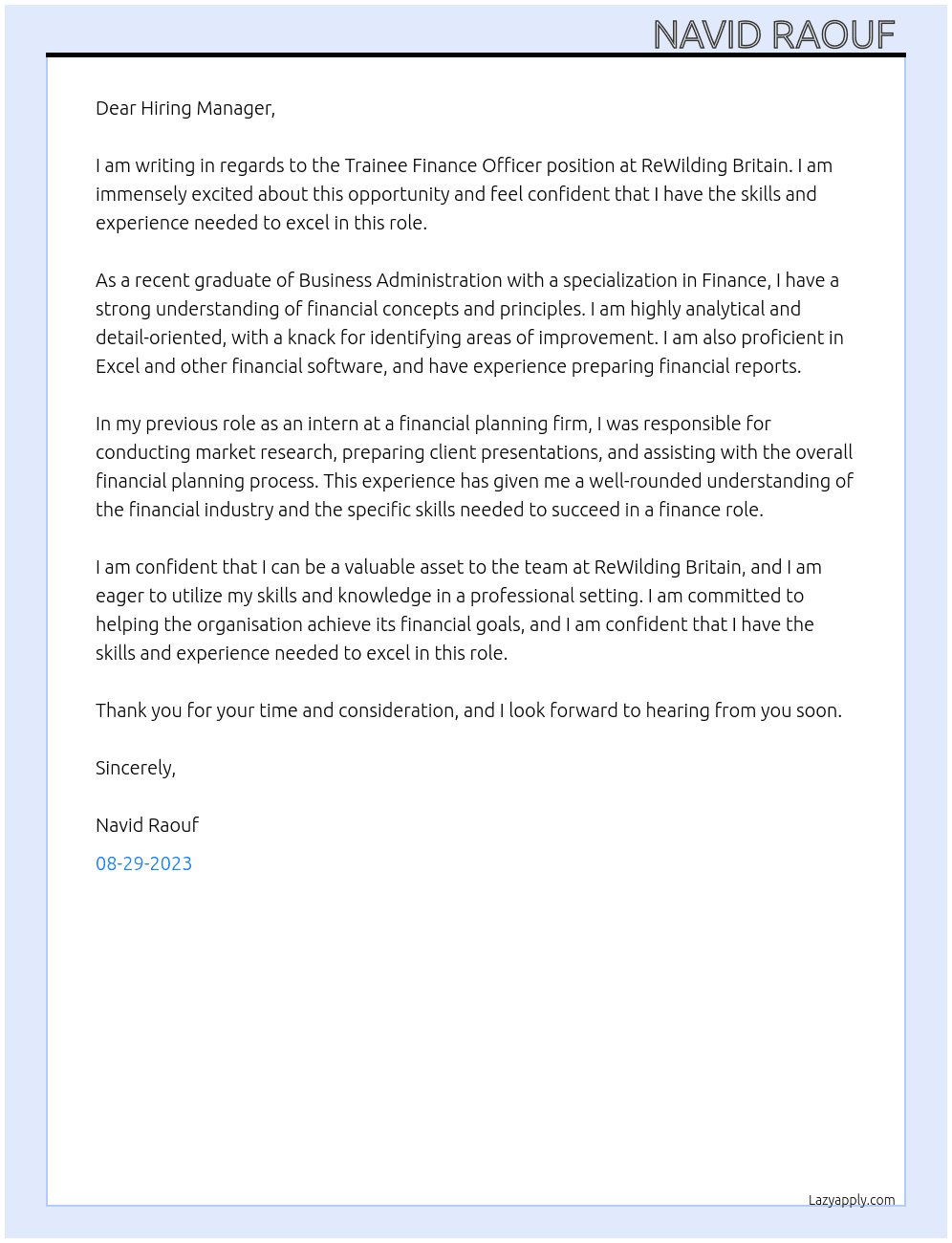 Trainee finance officer  At ReWilding Britain  Cover Letter