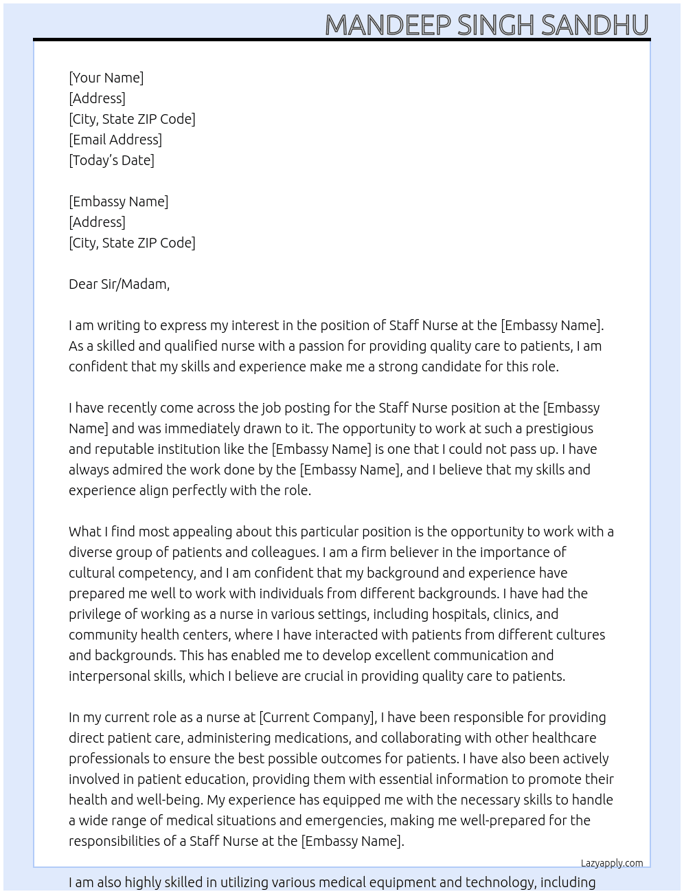 staff nurse At Visitor visa Cover Letter