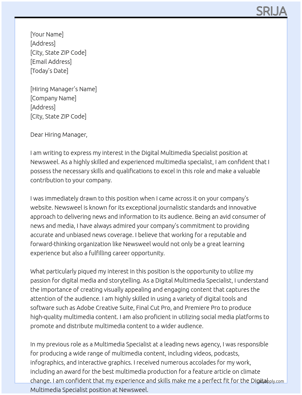 Digital Multimedia Specialist At Newsweel Cover Letter