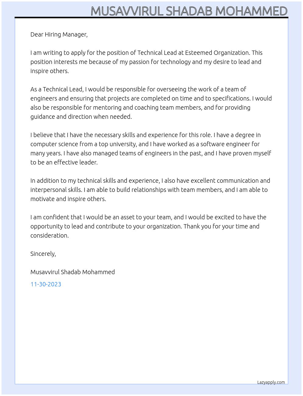 Technical Lead At Esteemed Organization Cover Letter