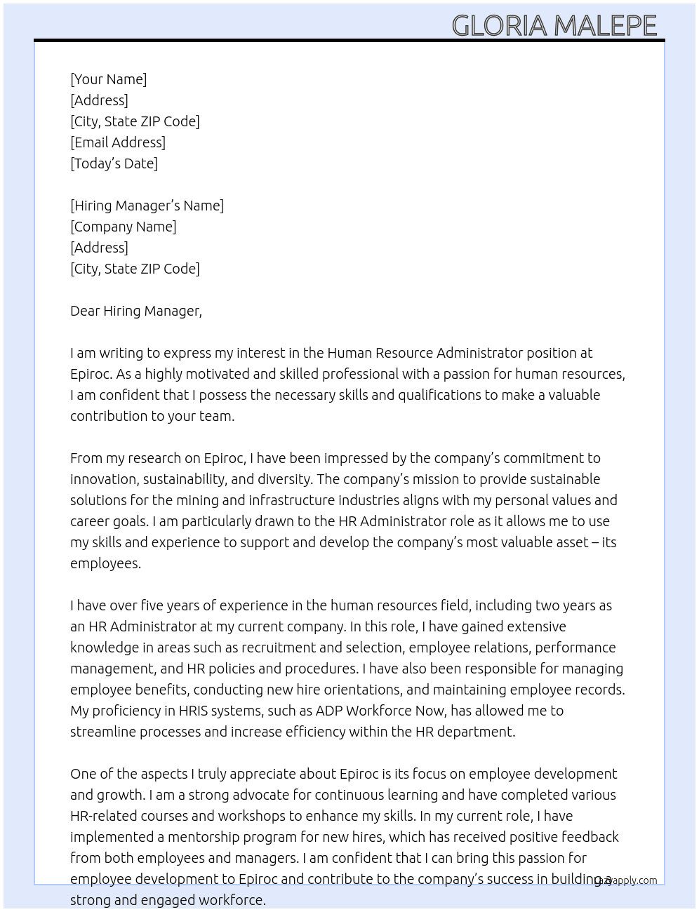 Human Resource administrator  At Epiroc  Cover Letter