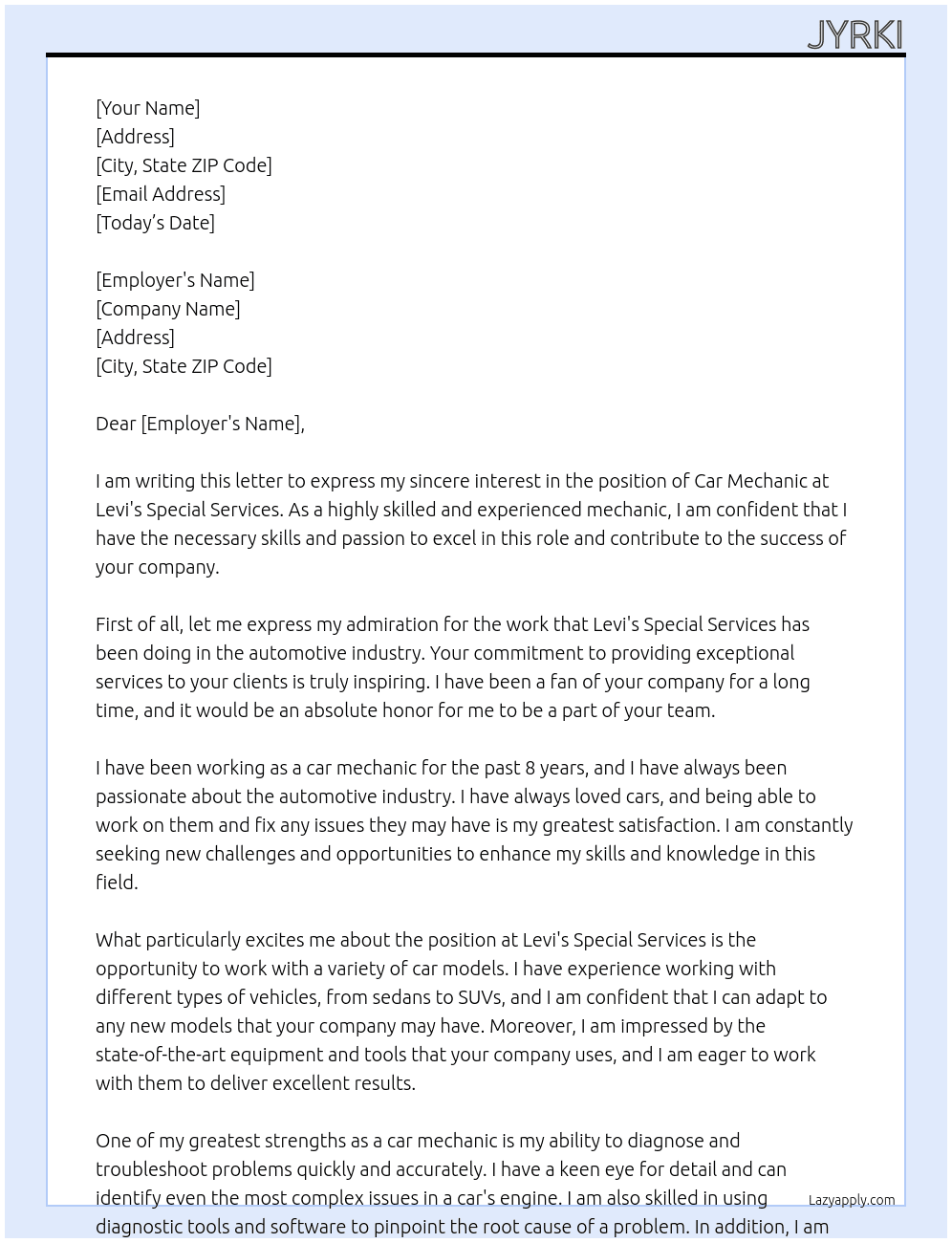 Car mechanic At Levi's special services Cover Letter