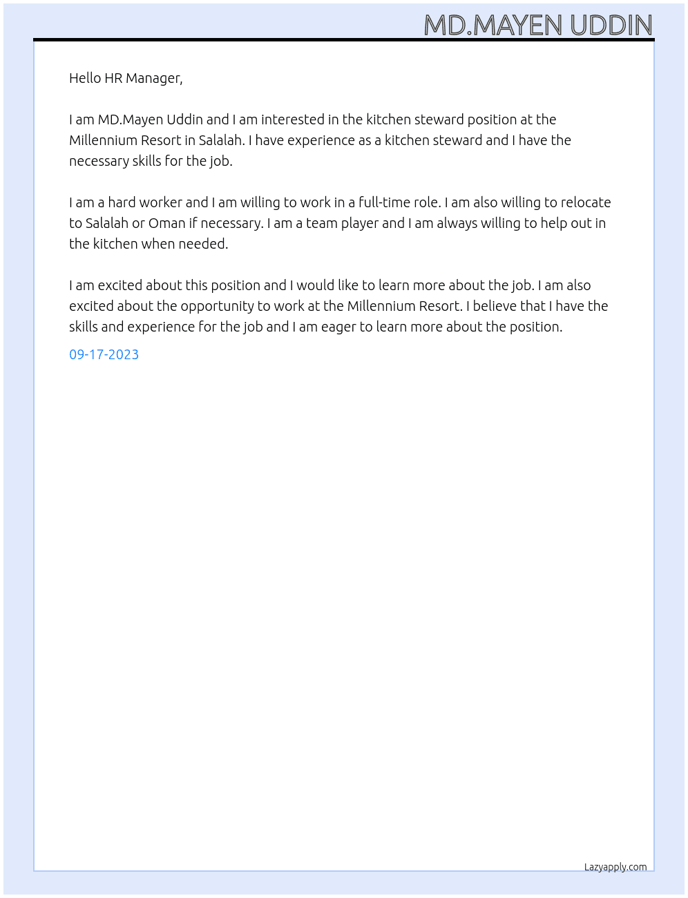 kitchen steward  At millennium resot,salalah  Cover Letter