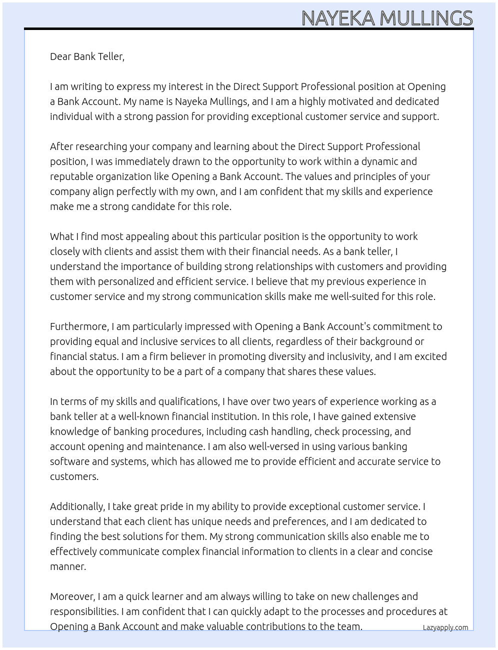 Direct Support Professional At Opening a bank account Cover Letter