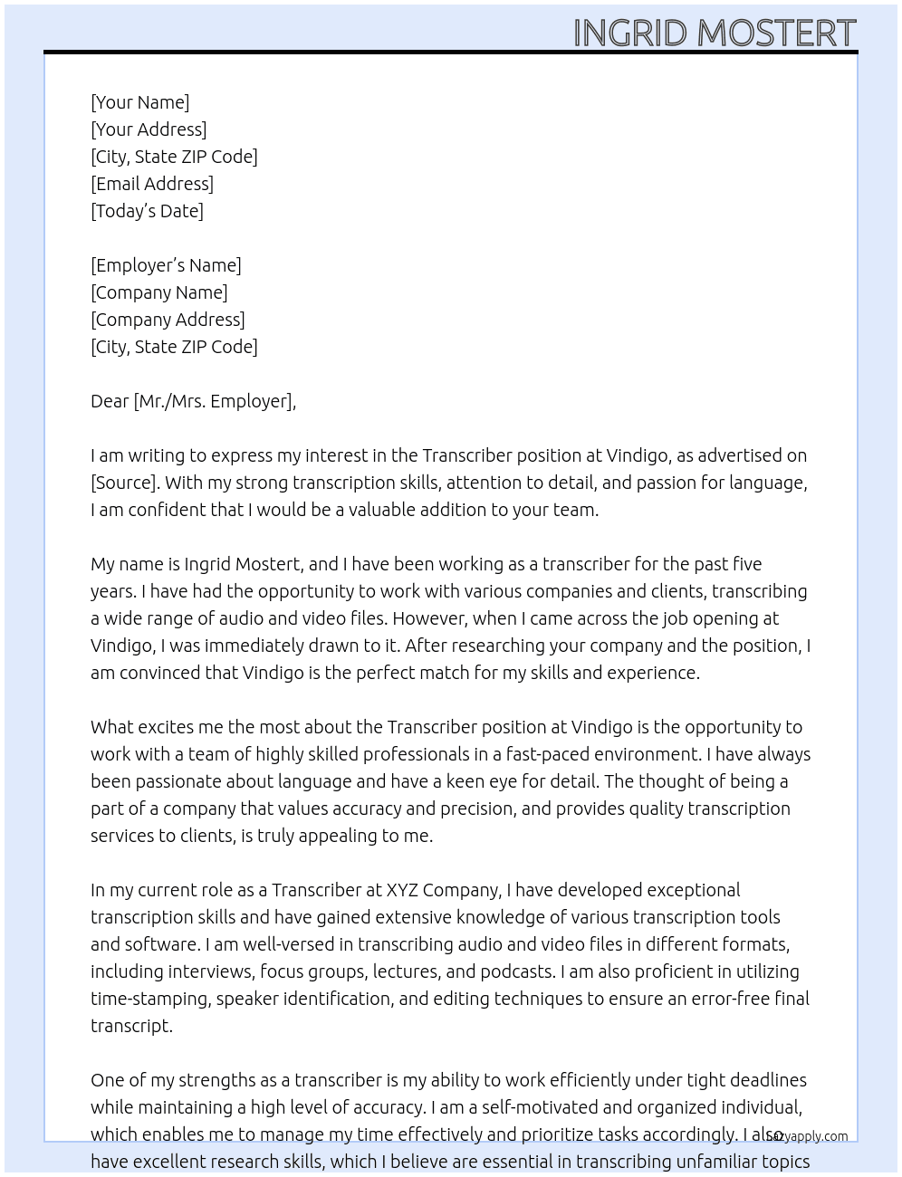 Transcipter At Vindigo Cover Letter