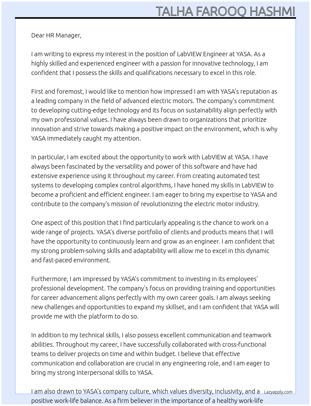 LabVIEW Engineer At YASA Cover Letter
