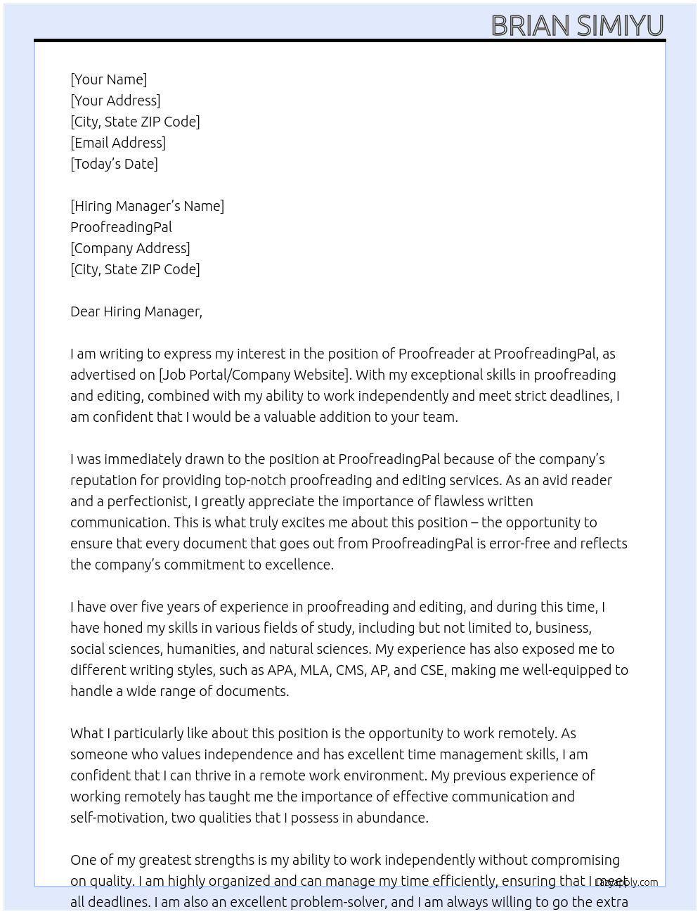Proofreader At ProofreadingPal Cover Letter