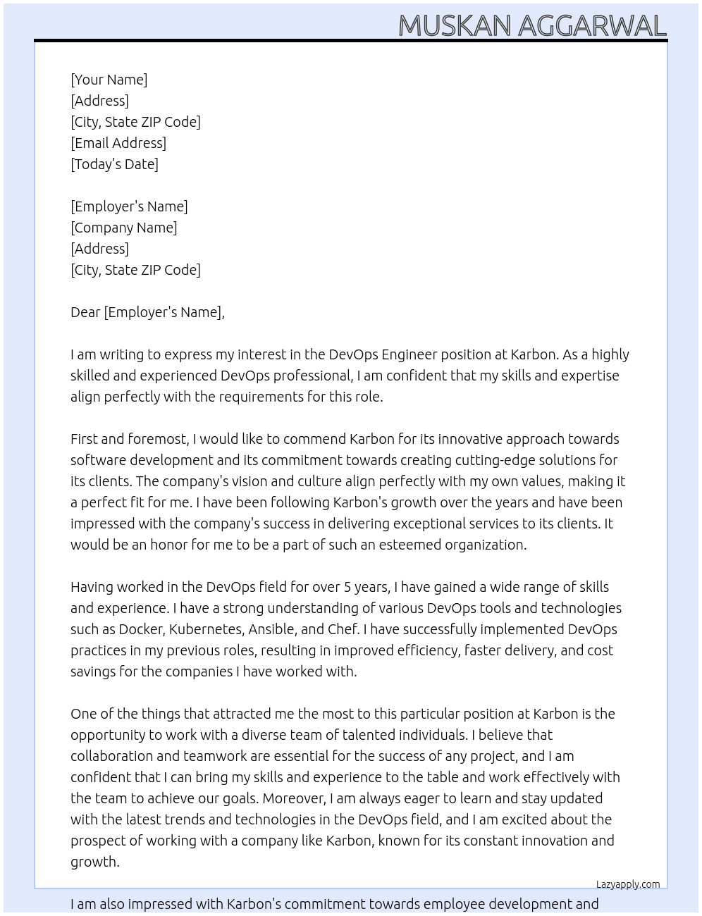 devops engineer At karbon Cover Letter