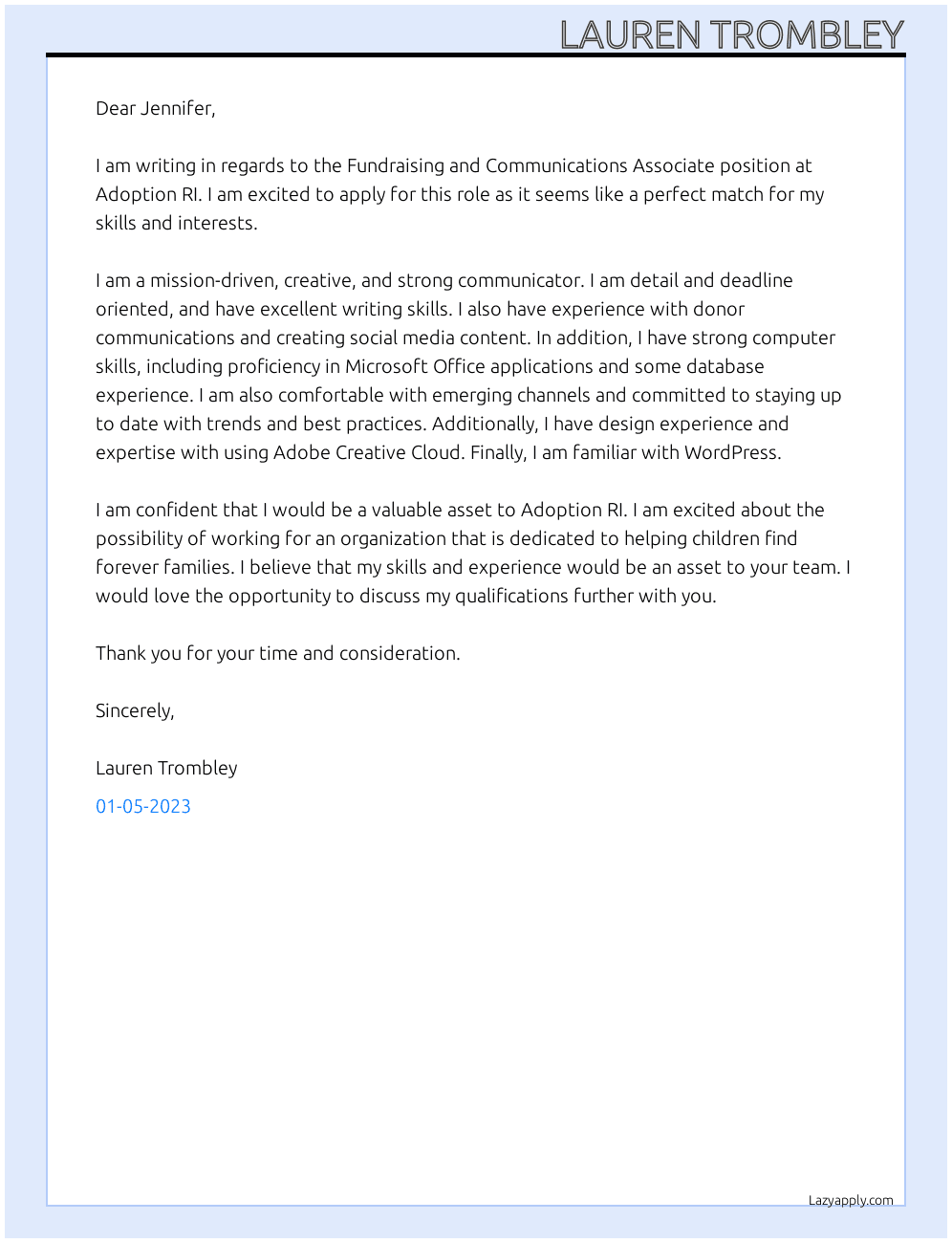 Fundraising and Communications Associate At Adoption RI Cover Letter