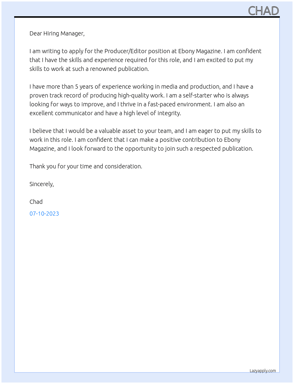 Producer/ Editor At Ebony Magazine  Cover Letter