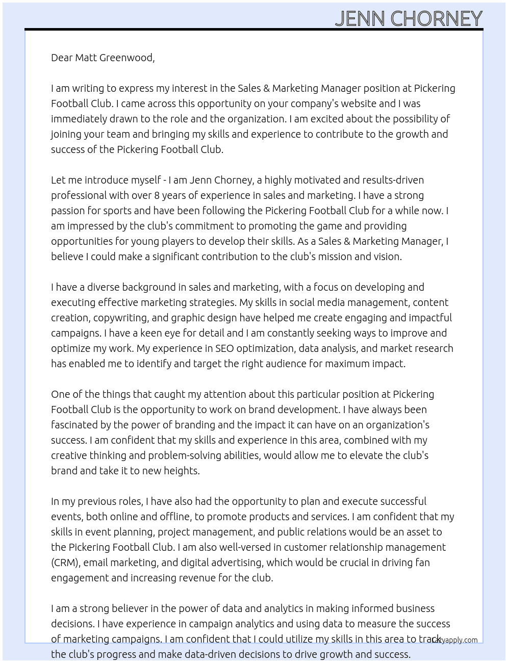 Sales & Marketing Manager At Pickering Football Club Cover Letter
