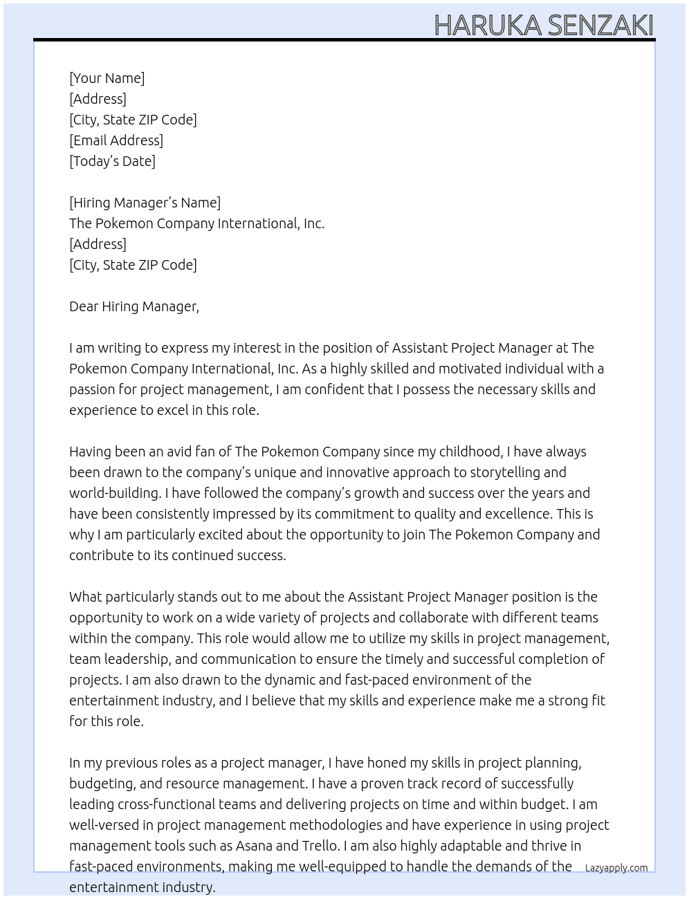 Assistant Project Manager At The Pokemon Company International, Inc. Cover Letter