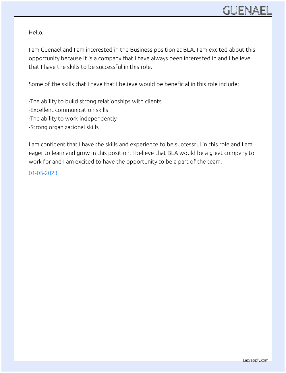 Business At BLA Cover Letter