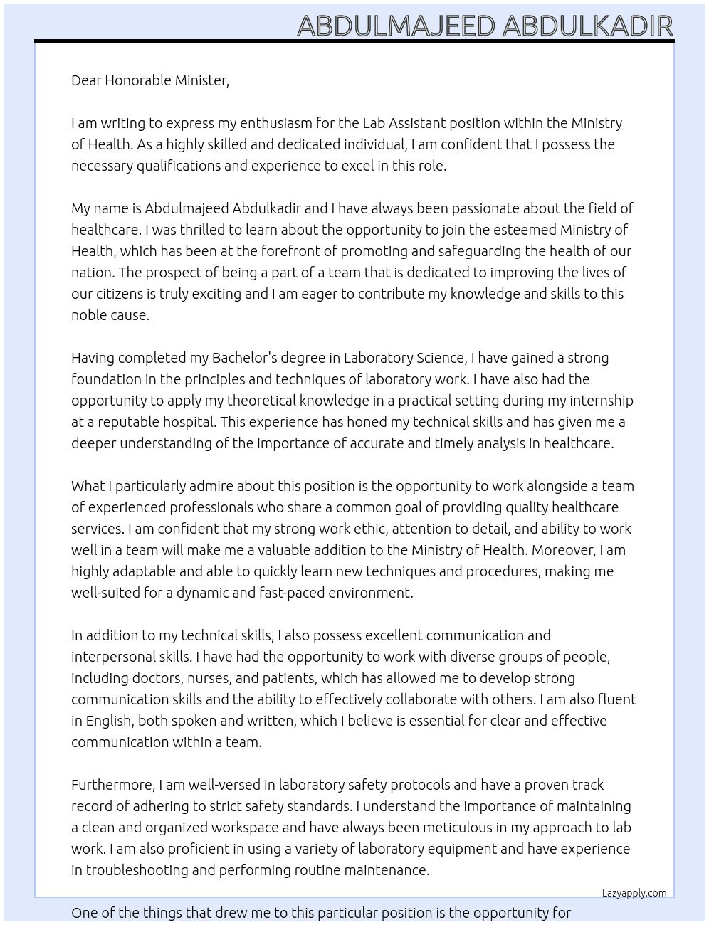 Lab Assistant  At Ministry of health  Cover Letter