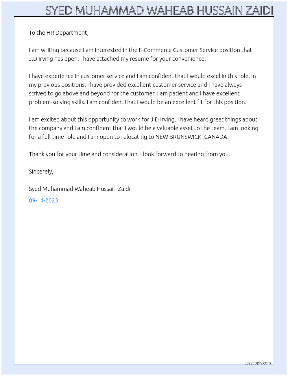 E-Commerce Customer Service At J.D Irving Cover Letter