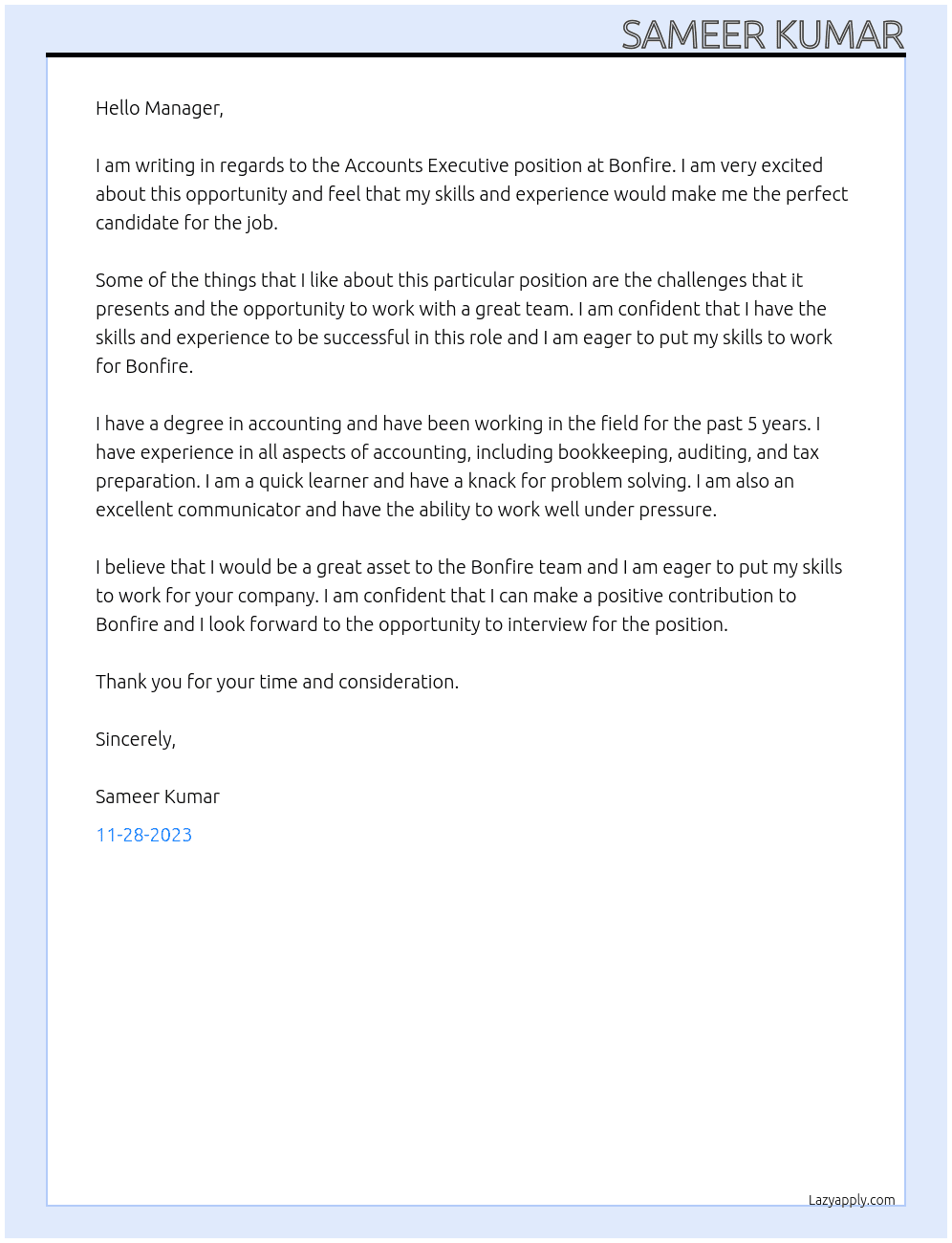 Accounts Executive At Bonfire Cover Letter