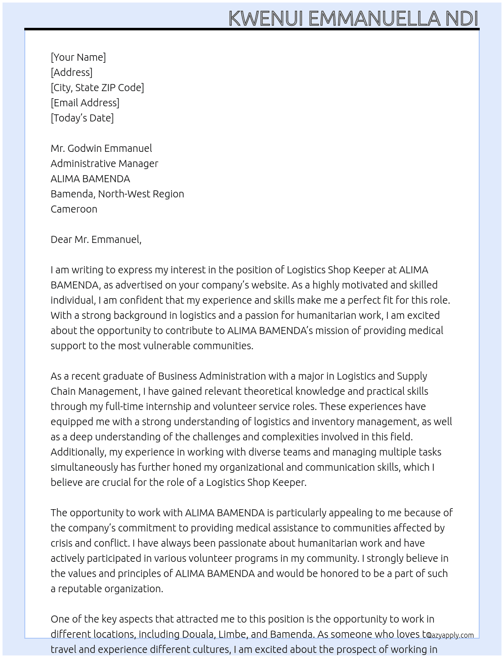 Logistics shop keeper At ALIMA BAMENDA Cover Letter