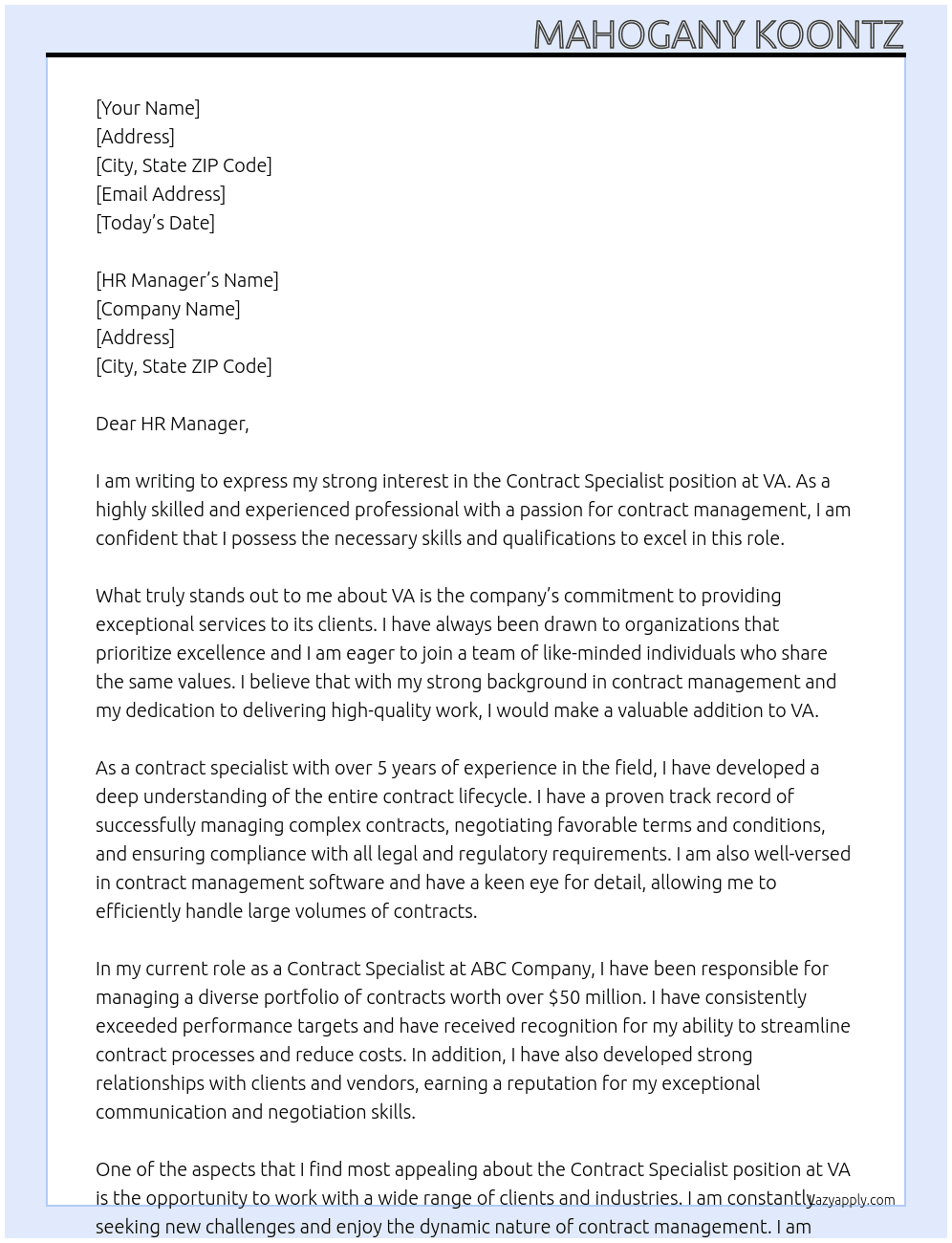 Contract specialist At VA Cover Letter