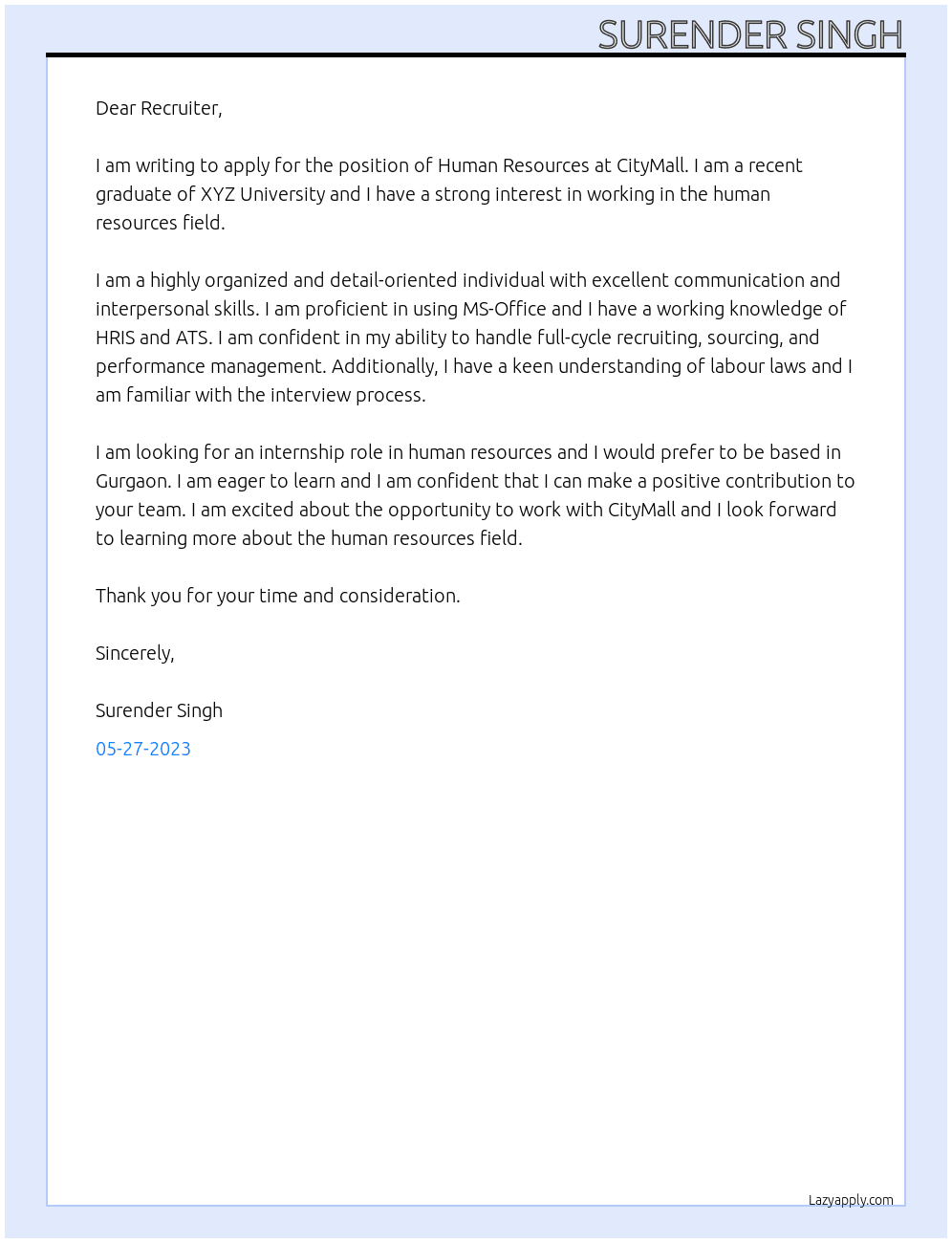 Human Resources At CityMall Cover Letter
