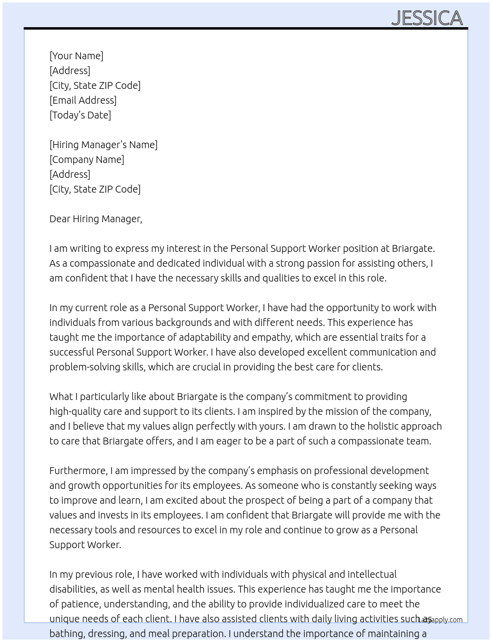 Personal support worker  At Briargate Cover Letter