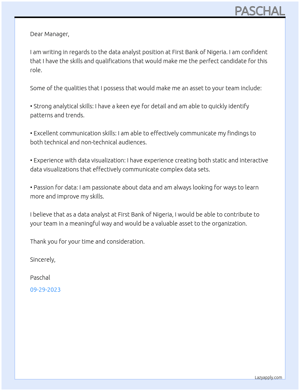 data analyst At first bank of Nigeria Cover Letter