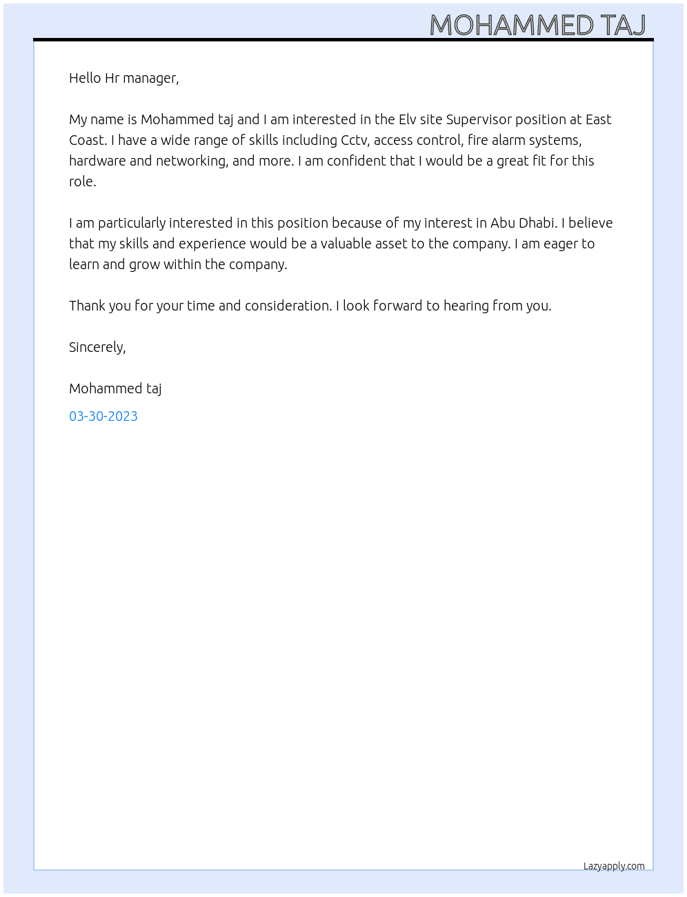 Elv site Supervisor  At East Coast  Cover Letter