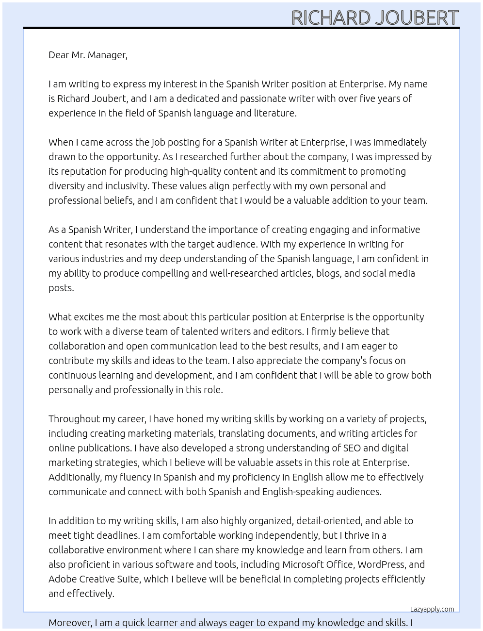 Spanish Writter At Enterprise Cover Letter