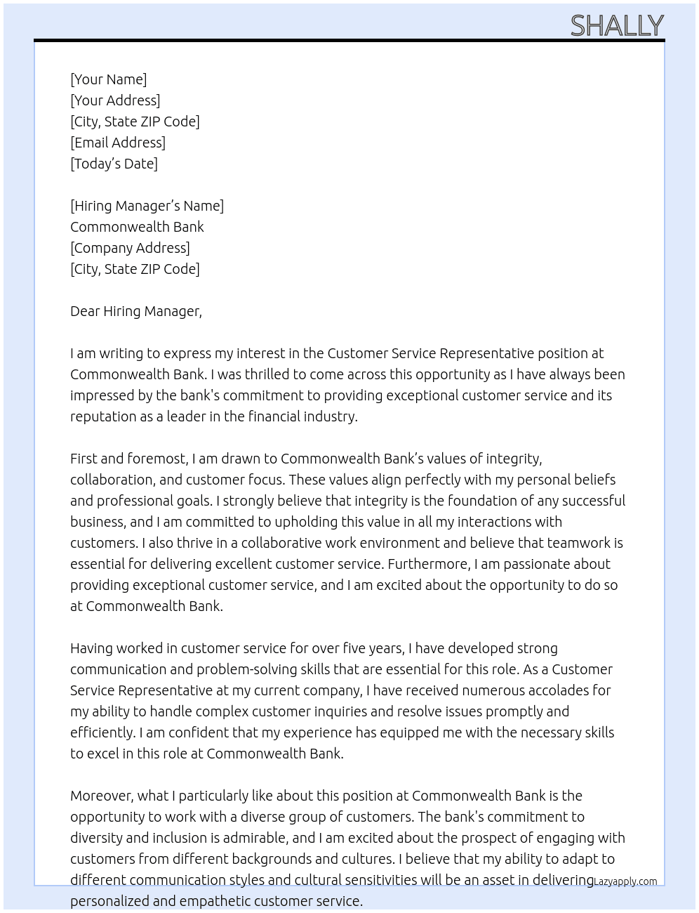 Customer Service Representative At Commonwealth Bank Cover Letter