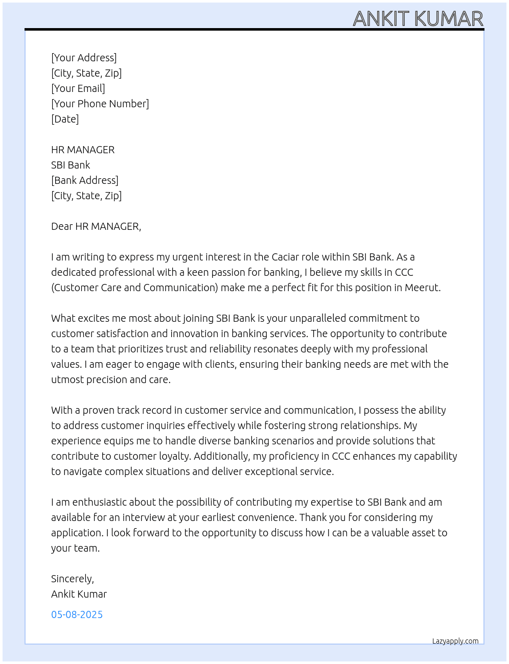 Banking  At SBI Bank  Cover Letter