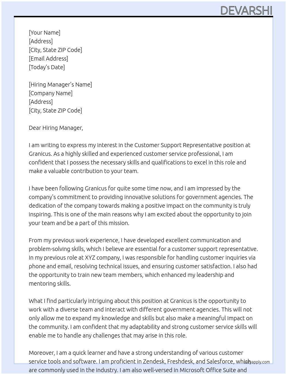 Customer support representative  At Granicus Cover Letter