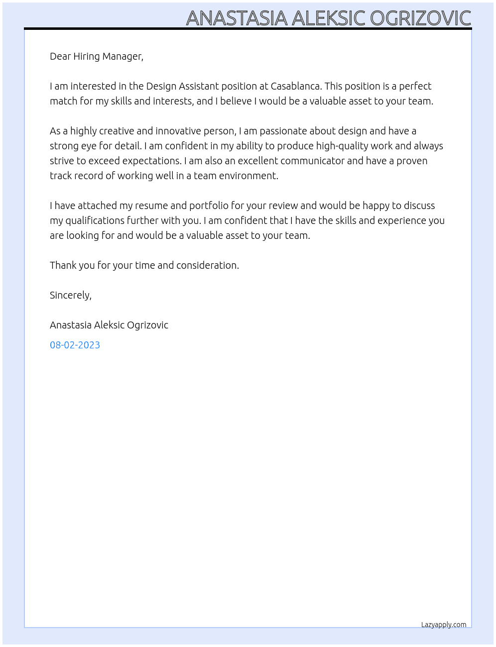 Design Assistant At Casablanca Cover Letter
