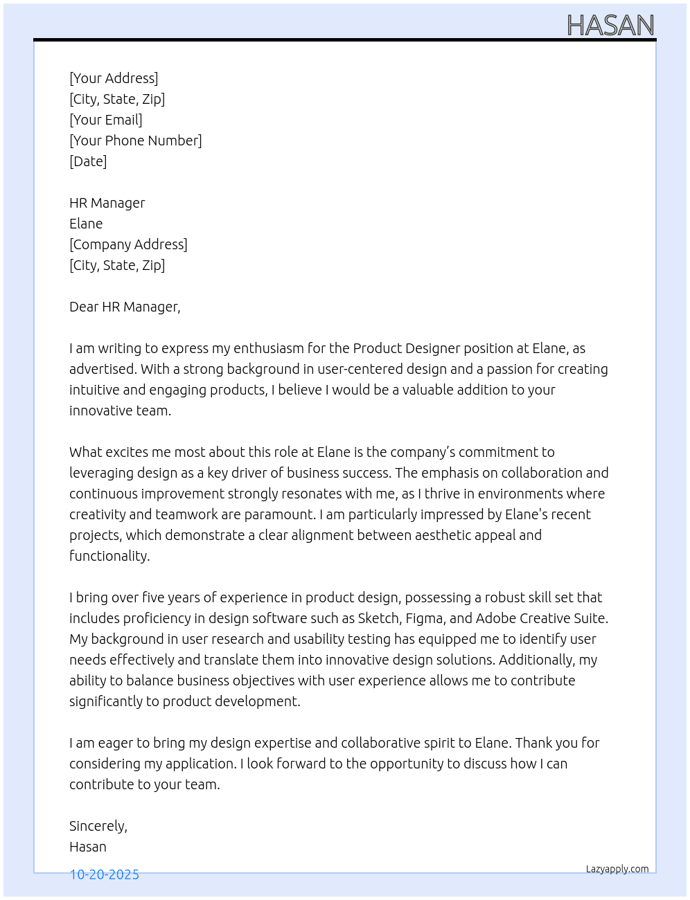 Cover letter for product designer - LazyApply