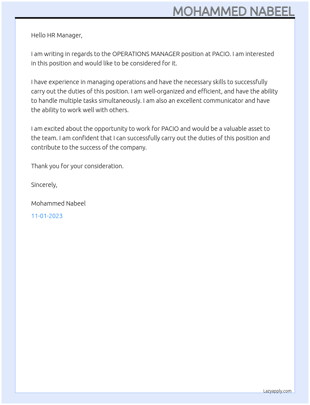 OPERATIONS MANAGER At PACIO Cover Letter