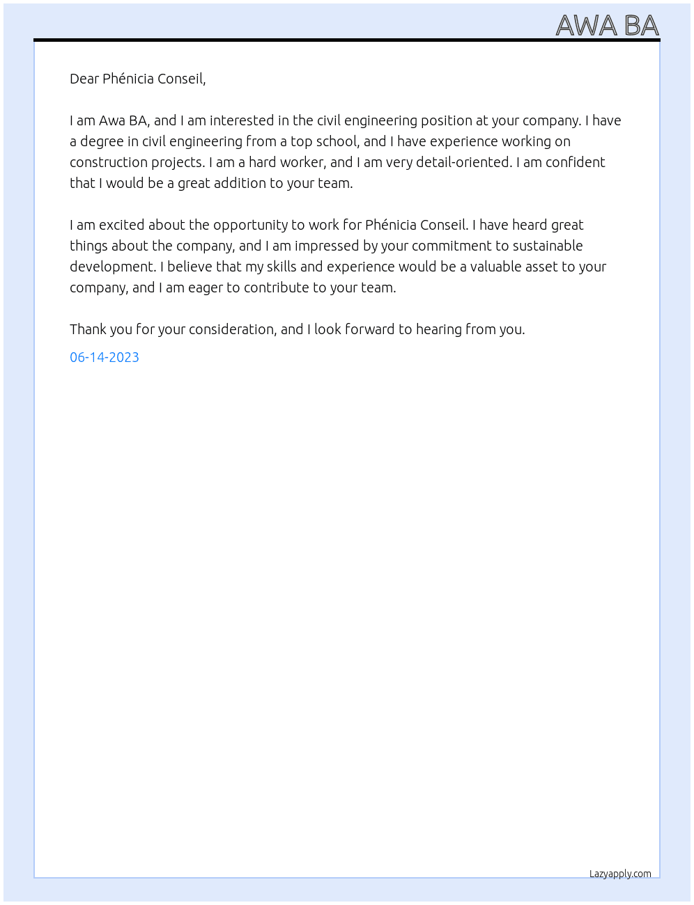 civil engineering  At Phénicia Conseil  Cover Letter