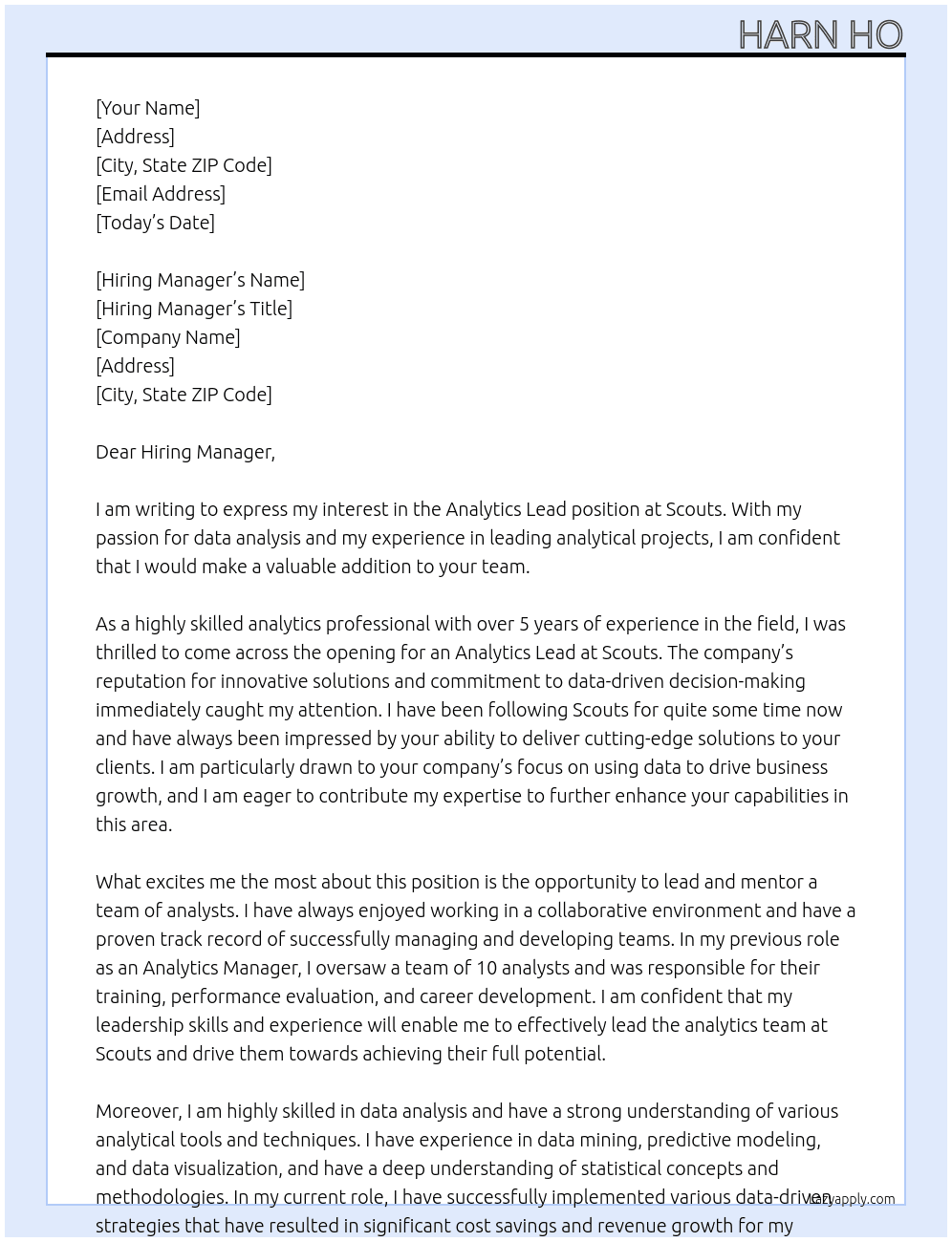 Analytics lead At Scouts Cover Letter