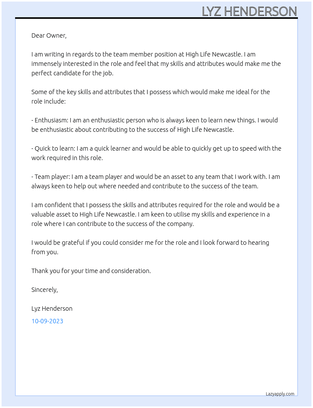 Team member at digital magazine  At High life Newcastle  Cover Letter