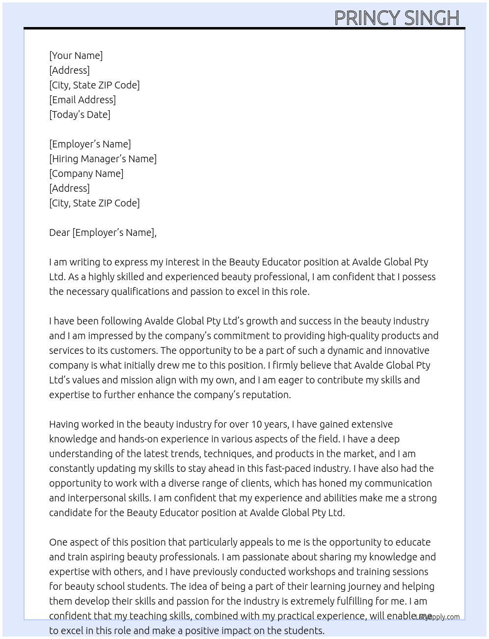 Beauty Educator At Avalde Global Pty Ltd Cover Letter