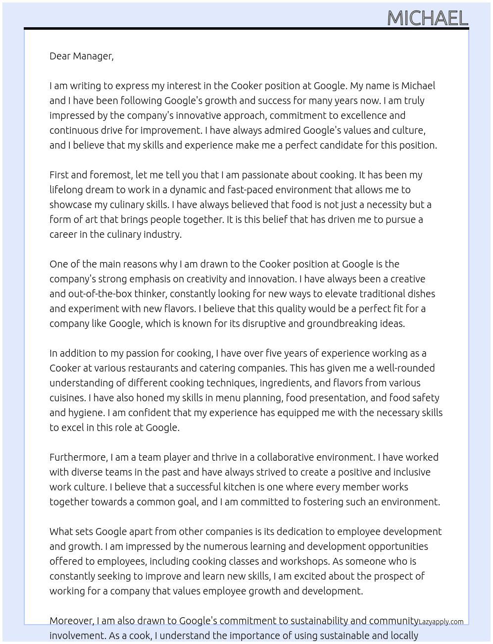 cooker At Google Cover Letter
