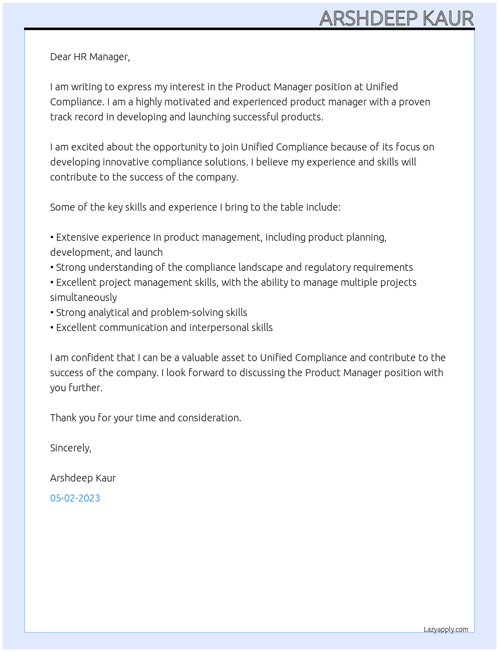 Product Manager At Unified Compliance Cover Letter