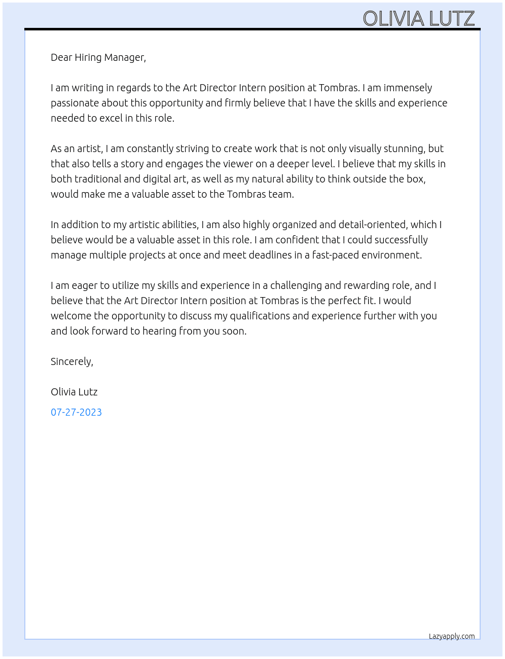 Art Director Intern  At Tombras Cover Letter