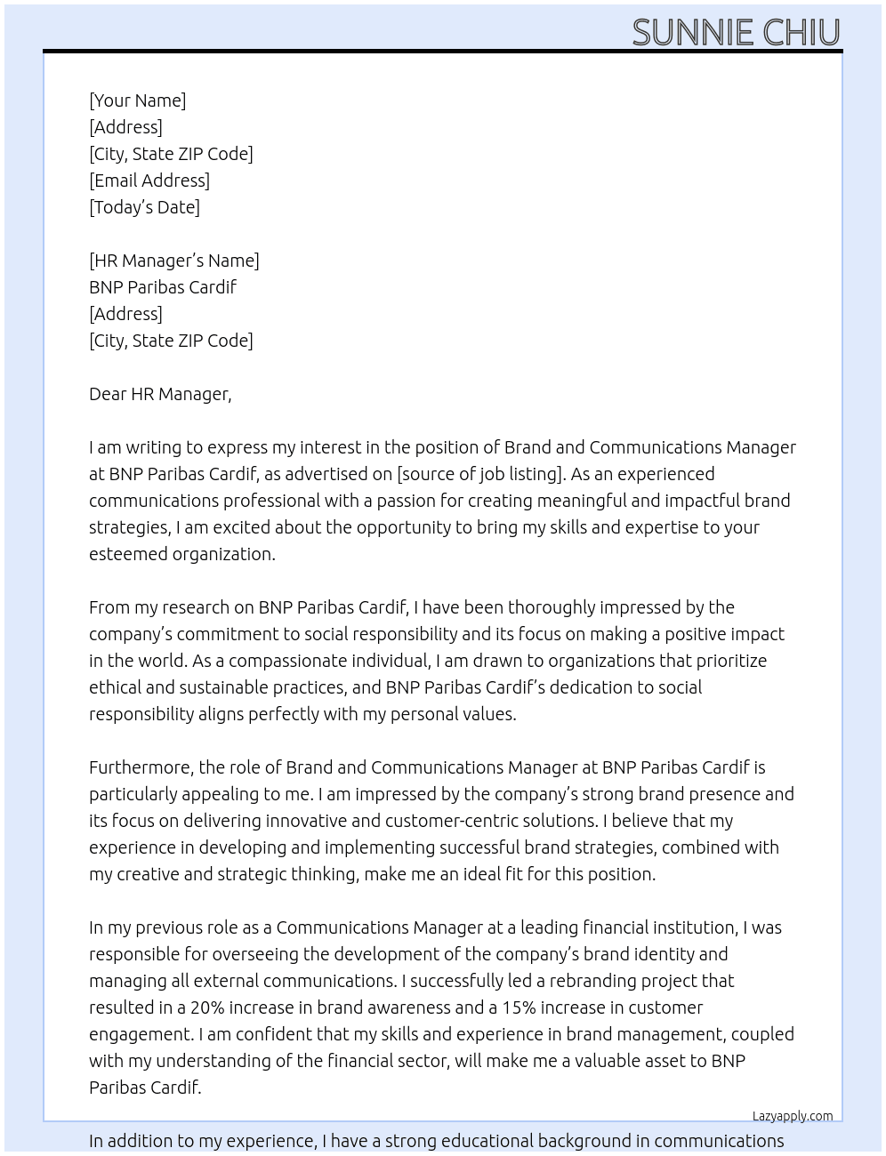 Brand and Communications Manager At BNP Paribas Cardif  Cover Letter