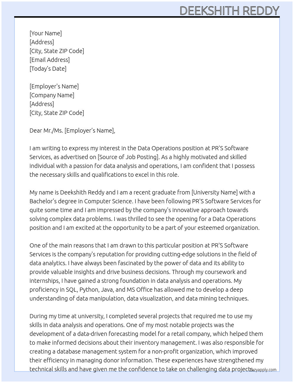 Data operations At PR'S Software Services Cover Letter