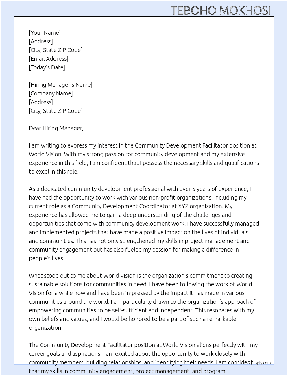 Community Development Facilitator  At World Vision  Cover Letter