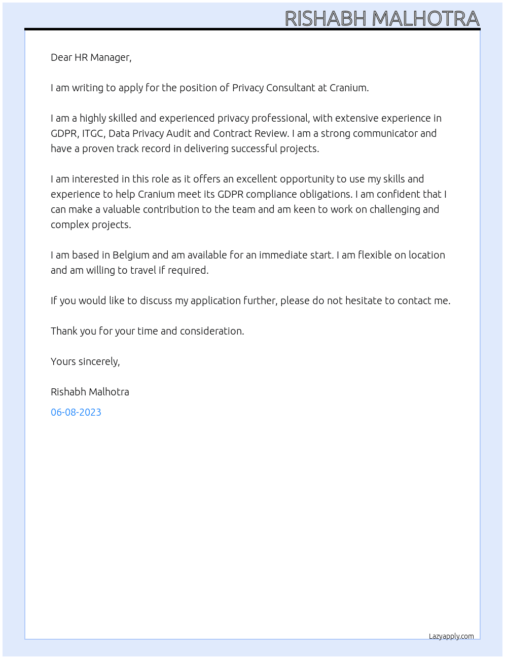 Privacy Consultant At Cranium Cover Letter