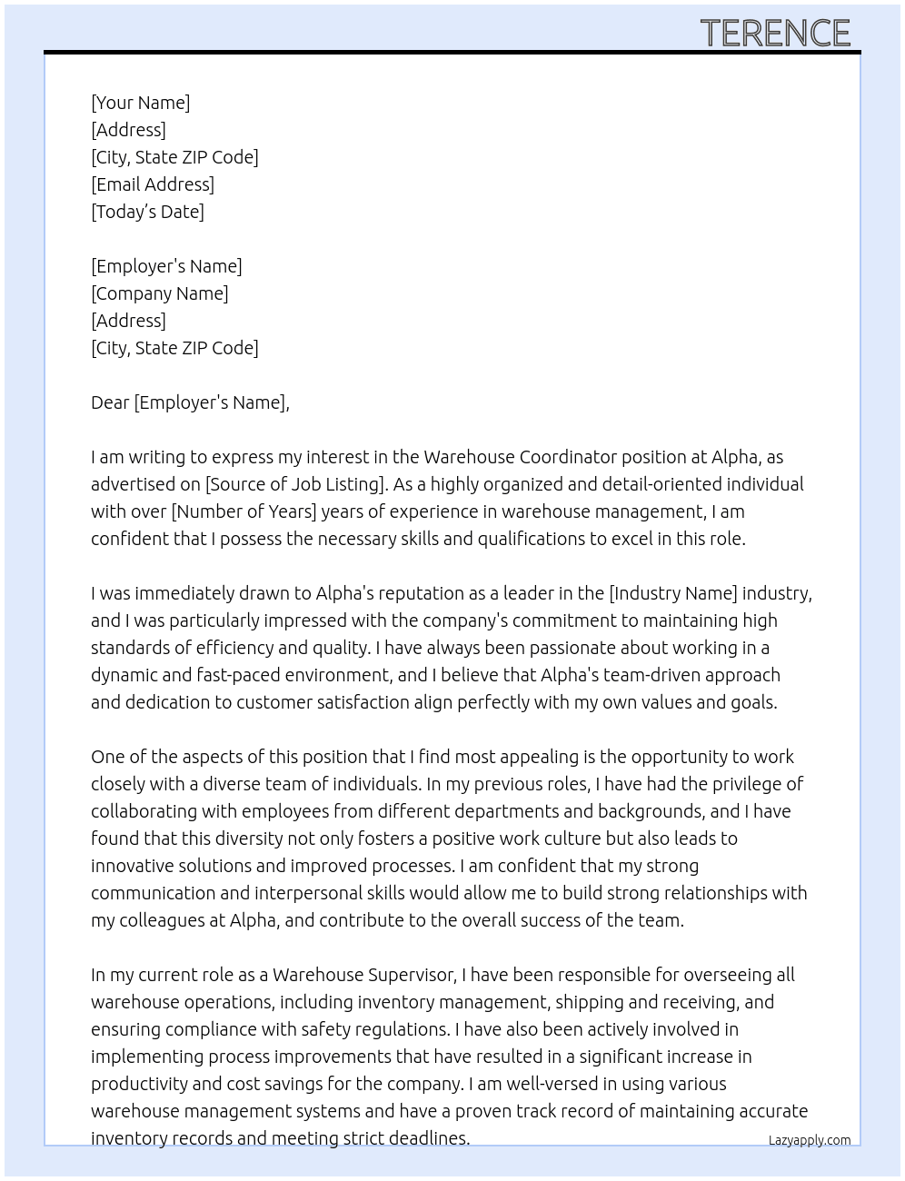 WAREHOUSE COORDINATOR At Alpha Cover Letter