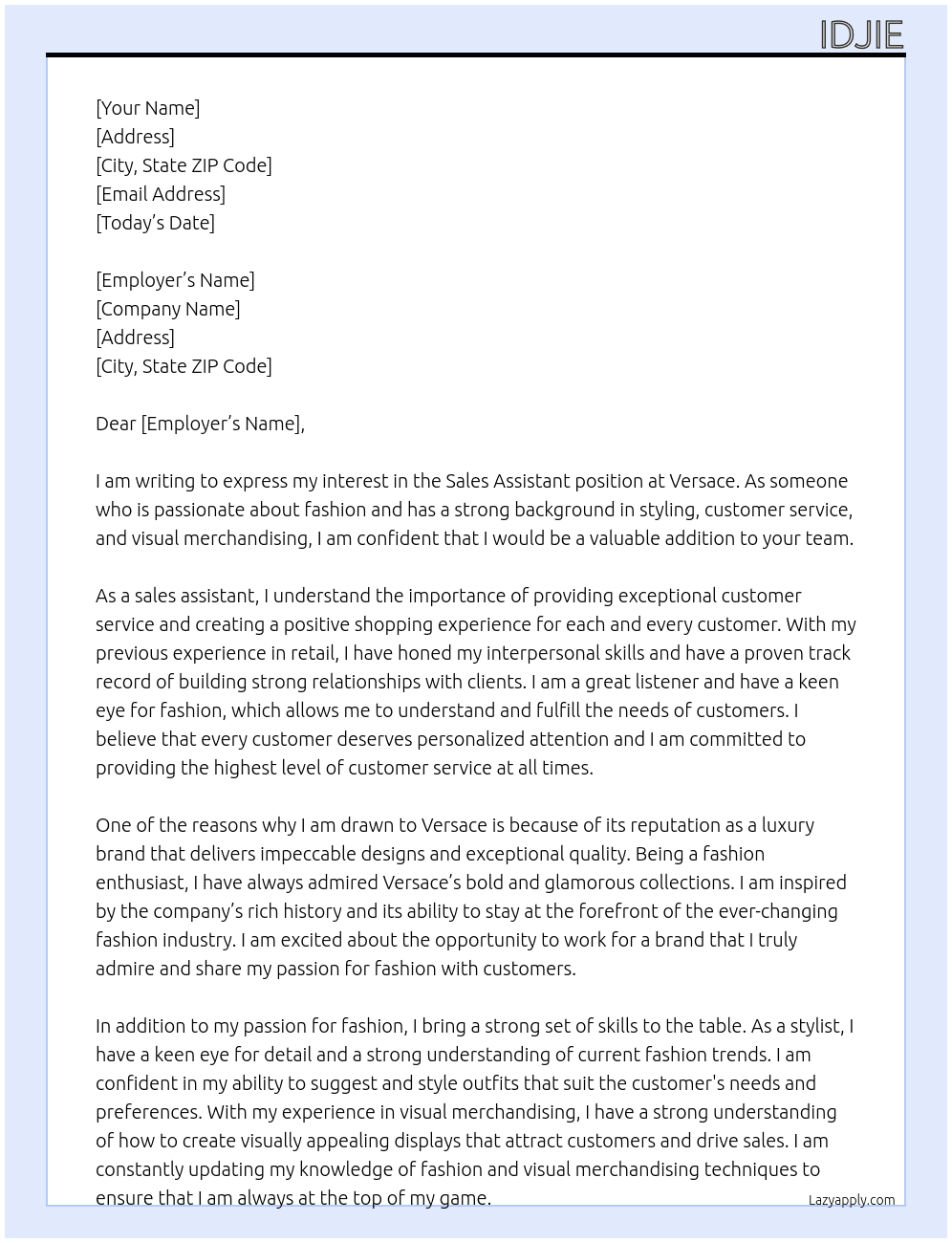 sales assistant At versace Cover Letter