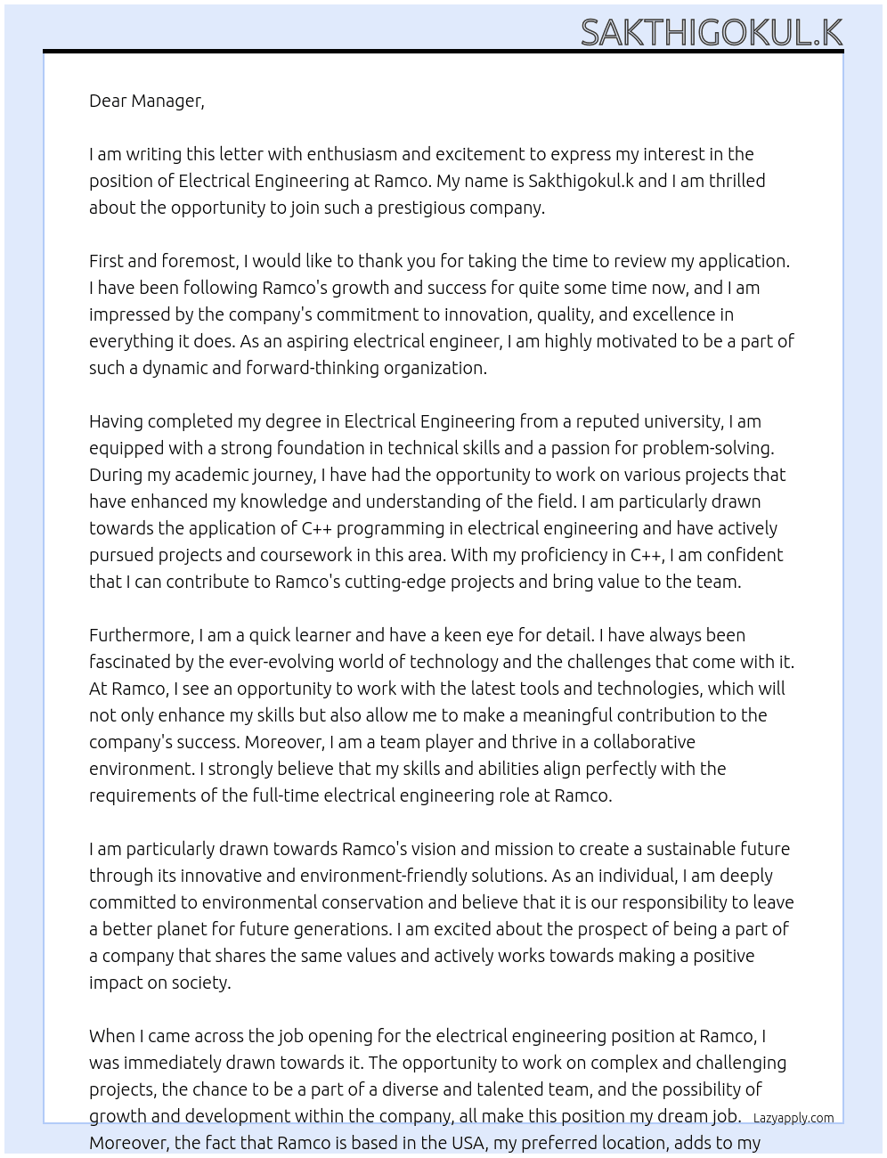 Electrical engineering  At Ramco Cover Letter