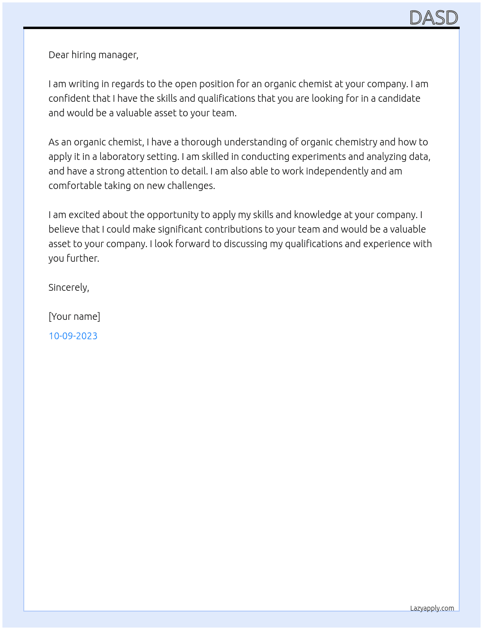 organic chemist At dasdasda Cover Letter