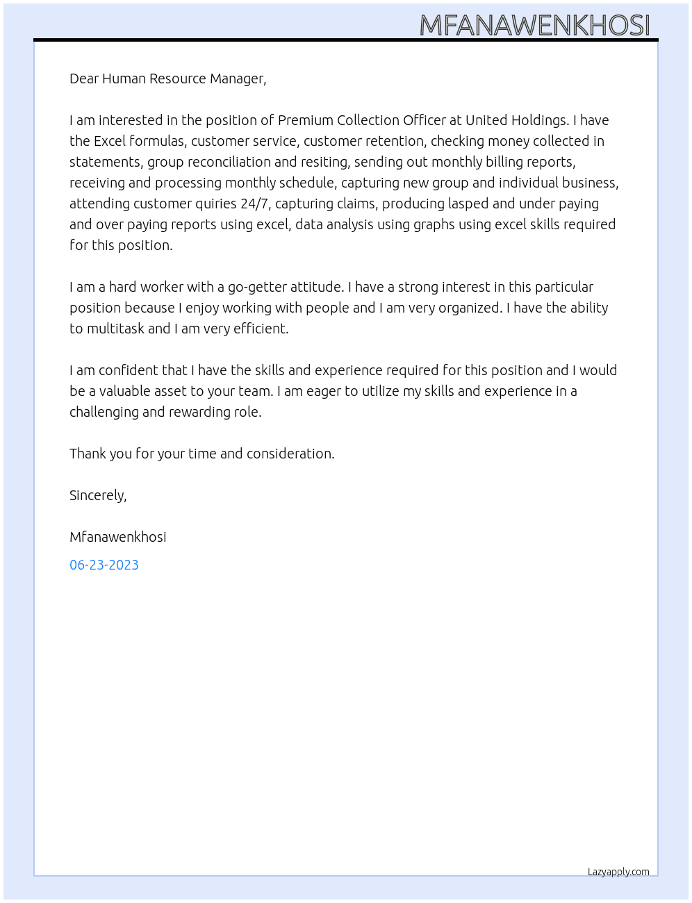 Premium collection officer At United Holdings  Cover Letter