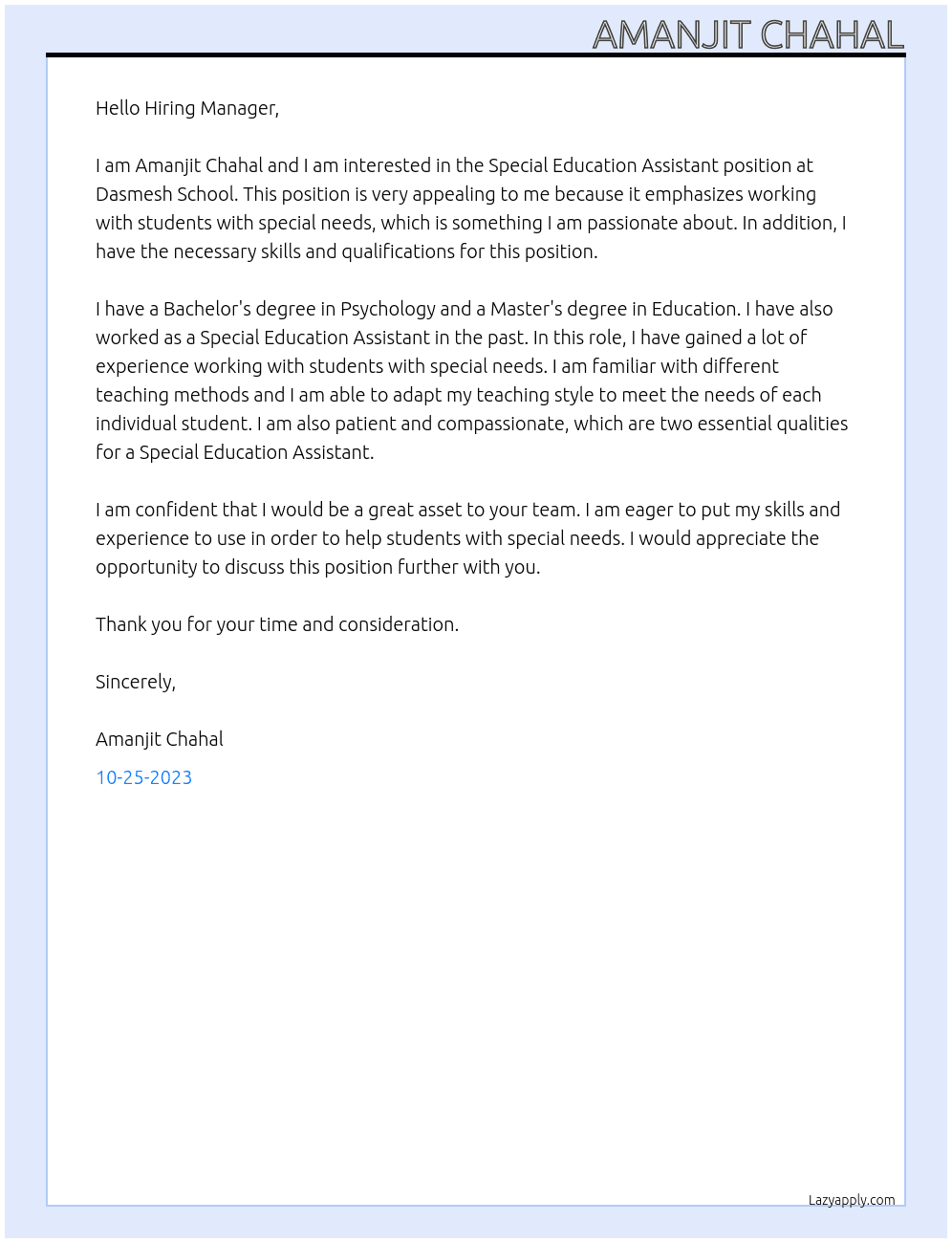 Special Education Assistant At Dasmesh School  Cover Letter